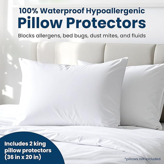 100% Stain Resistant & Waterproof King Size Pillow Protectors with Zipper Set of 2 - Bed Bug & Dust Mite Proof White Pillowcases - Breathable, Comfortable Pack of Covers for Pillows, 20 x 36 Inches