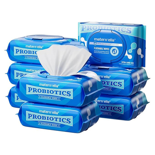 matern'ella Flushable Wipes Extra Large Corner-Connected Wet Wipes Plant Based Fibers With Probiotics Fragrance Free Sewer Safe Butt Wipe Adult 8 Packs of 80