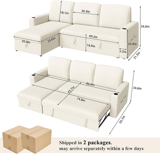 Keyluv 87" Pull Out Sleeper Sofa Bed with Storage Chaise, Reversible 2 in 1 Sectional Sofa Bed with Charging Station and Cup Holder, L-Shaped Sofa Couch for Living Room, Velvet Beige