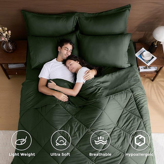 HEVUMYI Army Green Full Comforter Set - 7-Piece All Season Bed in a Bag Full, Ultra Soft Bedding Set with Comforter, Flat Sheet, Fitted Sheet, Pillowcases, Pillow Shams