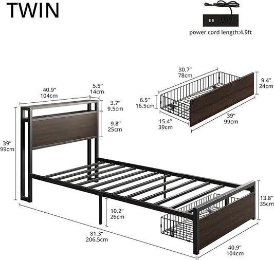 LIKIMIO Twin Bed Frames with Drawer, Storage Headboard with Outlets, No Box Spring Needed, Easy Assembly, Dark Brown