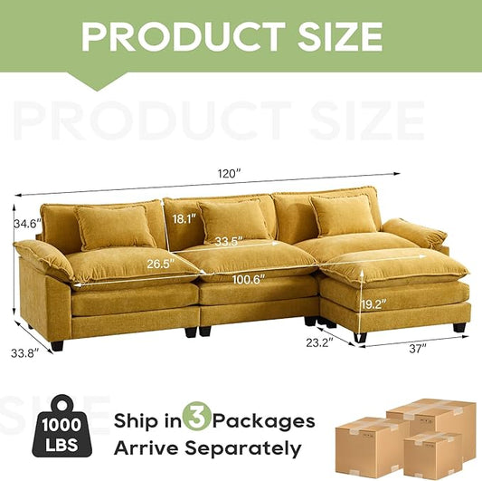 120" Modular Sectional Sofa, Comfy Cloud Couch Sectional Sofa with Ottoman, Chenille Sofa Sleeper Deep Seat Sofa with Throw Pillows for Living Room (Yellow, 120"- L Shape)