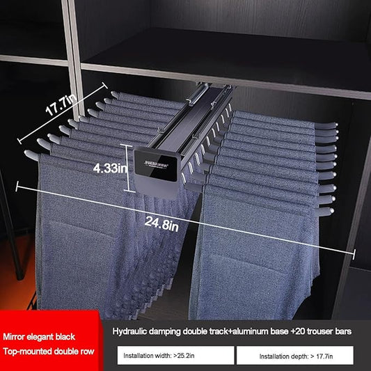 Pull Out Trousers Rack 20 Arms Steel Pull Out Pants Rack Pants Hanger Bar Clothes Organizers Load 35lbs Sizes Installation Depths are L 17.7in, h 4.33 in w 24.8in in.
