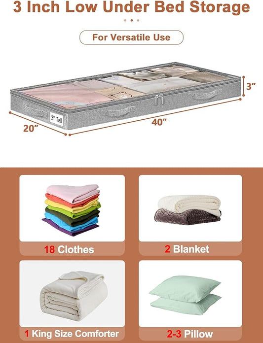 punemi 3-Inch Low Profile Under Bed Storage Containers,No-Structure, Soft Foldable Zippered Underbed Cloth Blanket Storage bins — Fits Under Crib, Couch,Sofa or Dorm bed, 4-Pack, 20x40x3in