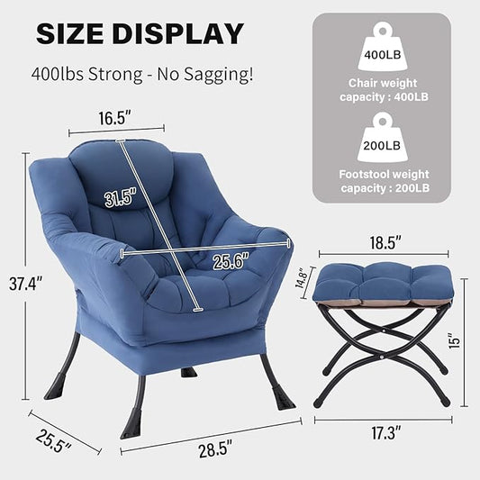 Tiita Lazy Chair with Ottoman, Modern Large Accent Lounge Armchair, Comfy Leisure Sofa Reading Chair with Footrest for Bedroom, Living Room, Dorm Rooms, Garden and Courtyard, Blue