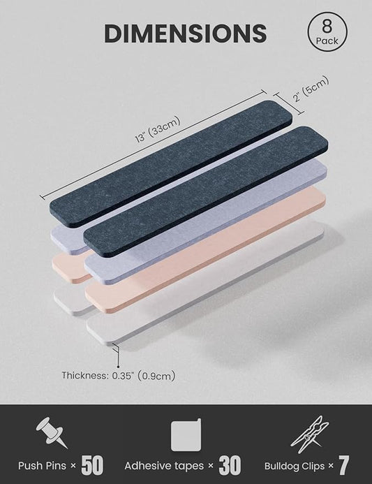 Cork Board Alternative Felt Strip Board 8-Pack 13"x2", Office Pin Board with 50 Push Pins, Adhesive Install for Bedroom Door & Home Office(Heather Grey)