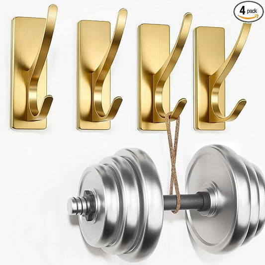 pickpiff 13 LB Self Adhesive Coat Hooks for Hanging: Heavy Duty Stainless Double Wall Hook for Towel, Backpack, Hat, Sturdy Metal Hanger for Bathroom, Bedroom, Door, Wall Mounted, 4-Pack, Brushed Gold