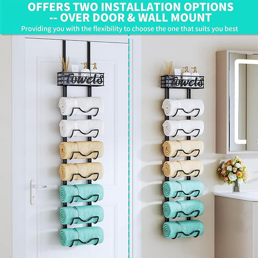 HapiRm Over The Door Towel Rack - 8 Tier Wall Mount Rolled Towel Holder Storage Organizer Shelf with Storage Basket for Small Bathroom, Rv, Camper - Black
