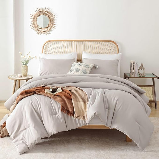 ROSGONIA Queen Comforter Set Linen Grey, 3pcs Queen Size Comforter(1 Boho Gray Comforter & 2 Pillowcases) All Season Lightweight Bedding Blanket Quilt