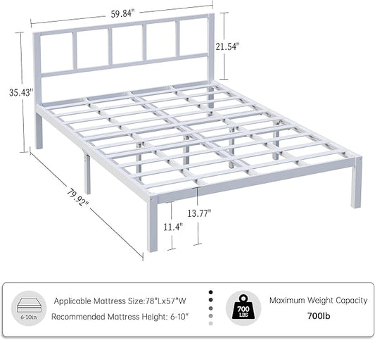14 Inch Bamboo Bed Frame – Solid Wood Platform Bed Frame, Strong and Stable, with Non-Slip Slats for Support, No Box Spring Needed, Easy to Assemble, Noise-Free (White, Queen with Headboard)