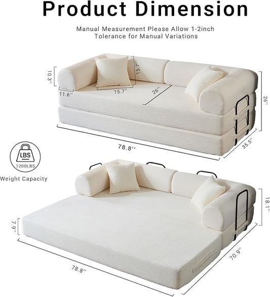 Compressed Sofa, Convertible Sofa Bed, Corduroy Compression Boneless Couch with Pillow, Comfy Modular Foldable Floor Sleeper Sofa for Bedroom, Living Room, Lounge, Studio (White)