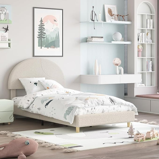 Garvee Twin Bed Frame with Upholstered Round Boucle Headboard, Arch-Shaped Design in Soft White, Modern Bed with Wooden Slats, No Box Spring Required and Easy Assembly