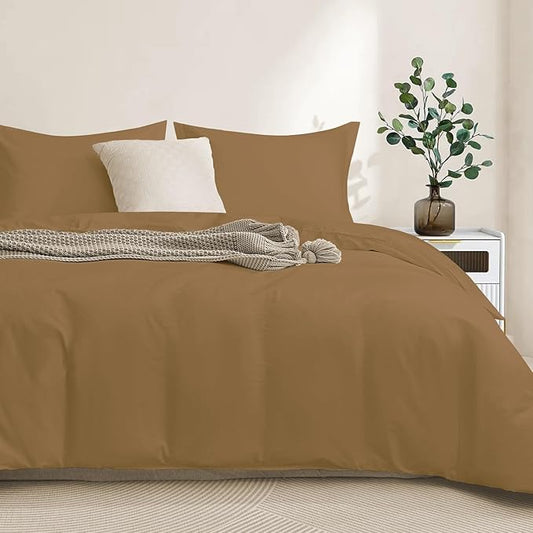 100-Percent Cotton Duvet Cover Set, Hidden Zipper Closure, Ultra Soft, Easy Care and Durable, Simple Bedding Style, Twin, Light Brown (Comforter Not Included)
