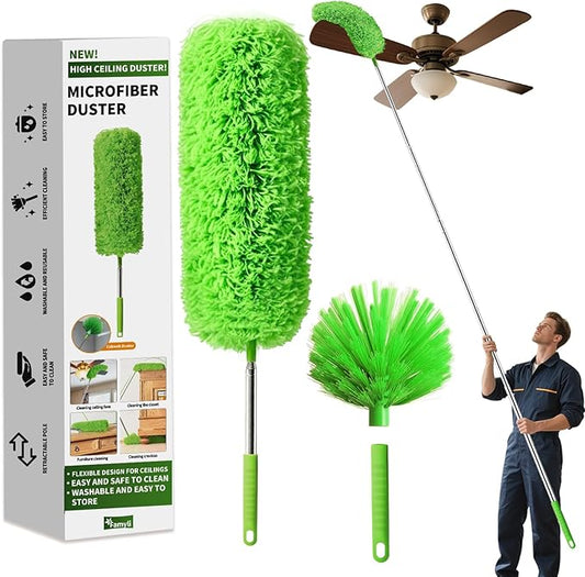 Cobweb Duster with Extension Pole, Washable Cleaning Duster Set with 2 Duster Heads, Corner Brush, 15-110-Inch Telescoping Pole for high Ceiling Fans, Long Duster for high Ceilings,Spider Web Brush
