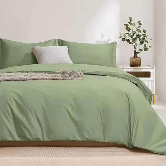 100-Percent Cotton Duvet Cover Set, Hidden Zipper Closure, Ultra Soft, Easy Care and Durable, Simple Bedding Style, Queen, Pastel Green (Comforter Not Included)
