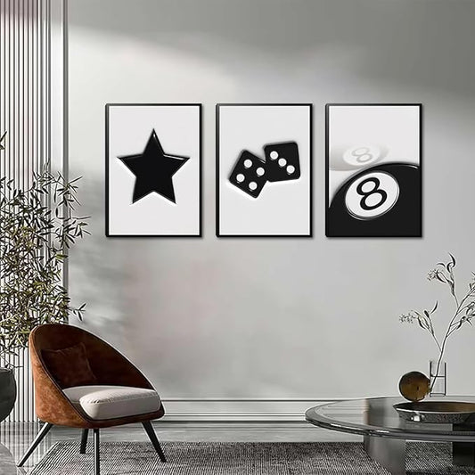 Black And White Dice Canvas Wall Art Set Of 3,Funky Retro Y2k 8 Ball Wall Decor Paintings, Funky Lucky Preppy Posters Prints Pictures For Game Room Apartment Dorm Teenager Room 12x16in Unframed
