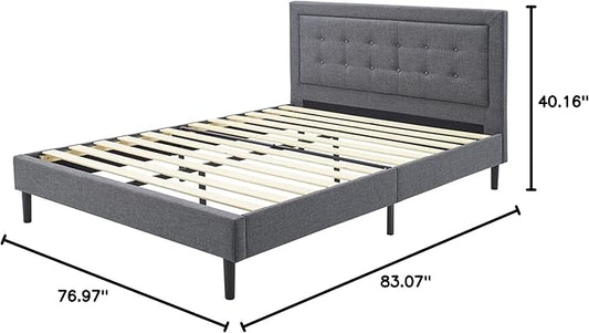 DeCoro Mornington 2.0 Upholstered Platform Bed | Headboard and Metal Frame with Wood Slat Support, Grey, King Size