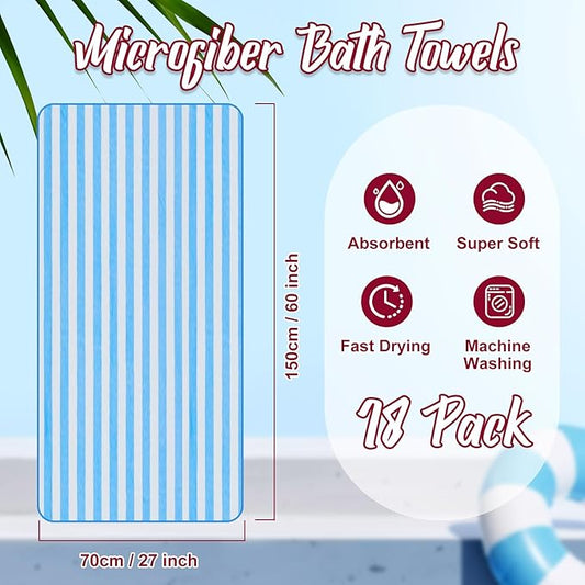 18 Pack Microfiber Bath Towels Bulk 27'' x 60'' Oversized Size Bath Towel Highly Absorbent Extra Large Soft Drying for Shower Beach Winter Salon Sport Gym Party (Stripes,Neutral)