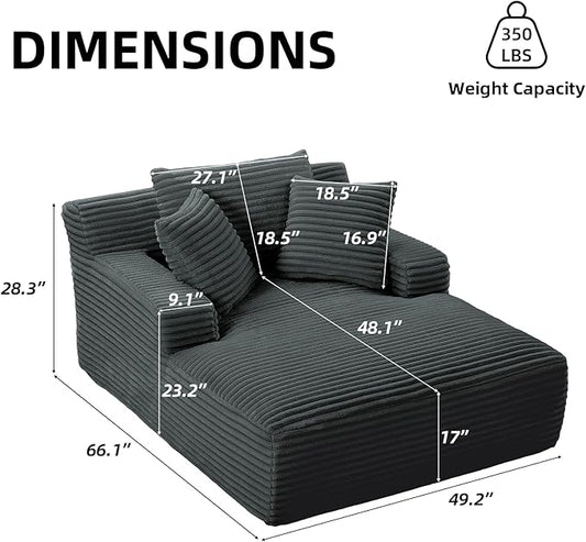 Oversized Chaise Lounge Chair Indoor Corduroy Sofa Bed with Throw Pillows Recliner Chair Comfy Large Deep Seat Sofa Couch for Living Room, Bedroom, Apartment (Dark Grey)