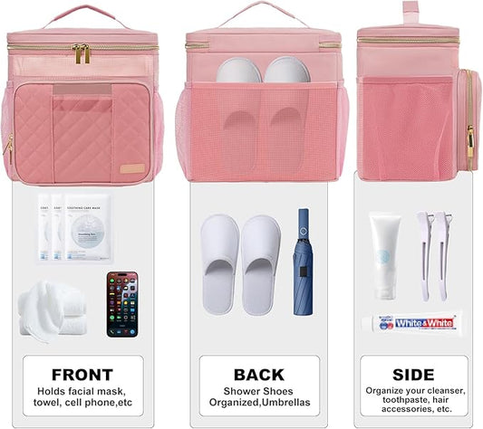 Portable Shower Caddy (Full Size Bottle Compatible),Travel Shower Tote Bag with Quick Dry Mesh Base,Hanging Toiletry Cosmetic Bag for Gym,College,Camping & Dorm, Pink