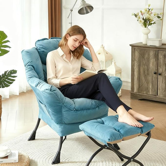 HollyHOME Lazy Chair with Foldable Ottoman, Accent Comfy Lounge Armchair and Folding Footrest Stool, Leisure Sofa Reading Chair and Footstool for Living Room, Bedroom, Dorm,Blue