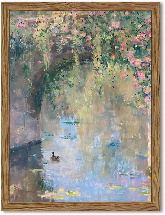 Framed Vintage Monet Canvas Wall Art, Floral Landscape Wall Decor Paintings, Country Nature Pictures Prints Aesthetic Home Decor for Living Room Bedroom Bathroom 8x10 inch