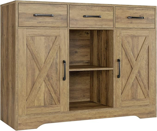 HOSTACK Wood Modern Farmhouse Buffet Storage Cabinet Barn Doors Sideboard with Storage, Drawers and Shelves for Coffee Bar, Kitchen, Dining Room, Living Room, Rustic Brown