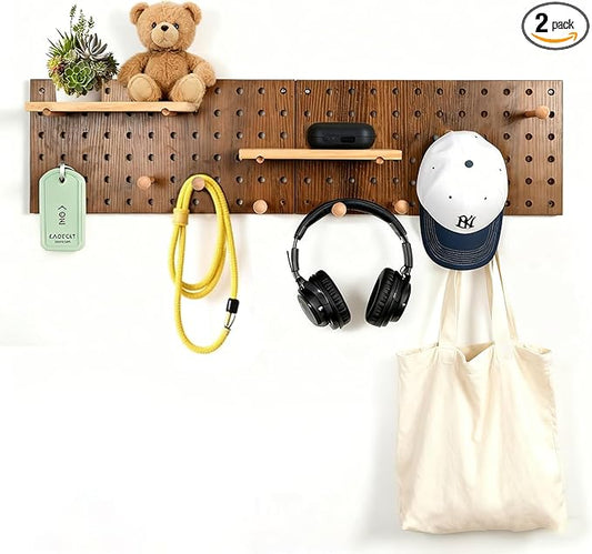 Brown Wood Pegboard Modular Display Wooden Pegboard Combination Wall Organizer Storage Wall Hooks Shelf for Home, Office, Bathroom, Comes with 2 Pieces Pegboards