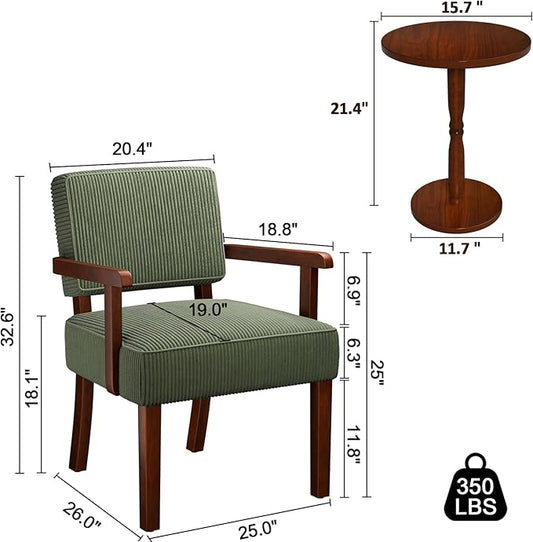 Corduroy Accent Chair Set of 2 with Table, Mid Century Modern Armchairs with Solid Wood Frame, Oversized Reading Leisure Chair for Living Room, Bedroom (Corduroy Green, Set of 2 with Table)