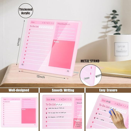 Desktop Thickened Acrylic Dry Erase Board to do List Planner Board,12"x10",Tabletop Whiteboard with Stand,Frameless Pink Dry Erase White Board,for Office/Home/School