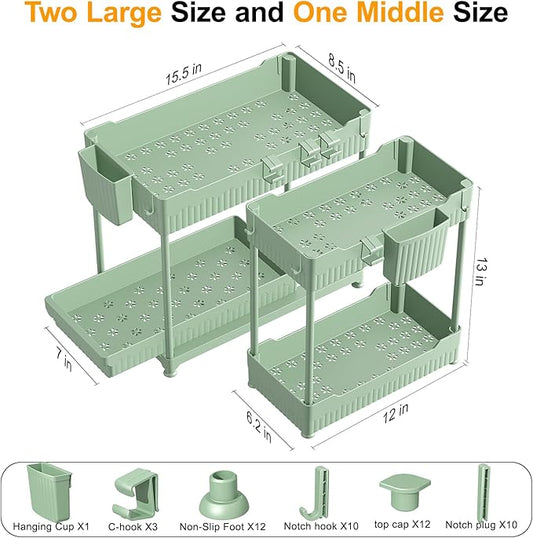 3 Pack Under Sink Organizers, 2-Tier Multi-Use Kitchen and Bathroom Organizers and Storage with Sliding Drawers,Bathroom Cabinet Organizer (Green, 12.8 Inch)