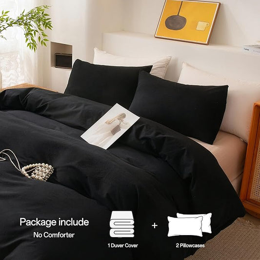 ECOCOTT 3 Pieces Duvet Cover Queen Size 100% Washed Cotton 1 Duvet Cover with Zipper and 2 Pillowcases, Ultra Soft and Easy Care Breathable Cozy Simple Style Bedding Set (Black,Queen)