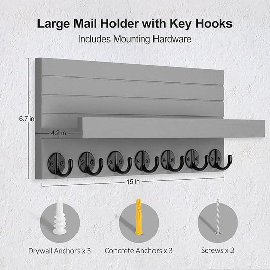 Key Holder Wall Mount, Entryway Key and Mail Holder with 7 Sturdy Hooks for Sunglasses, Dog Leash, Decorative Wall Shelf with Mounting Hardware, 15”W x 6.7”H x 4.2”D (Gray)
