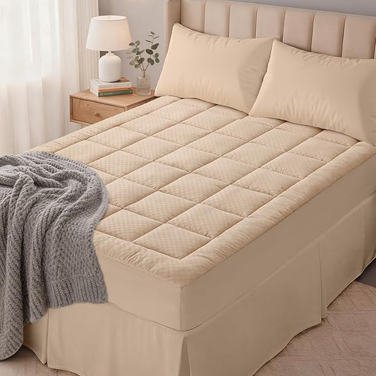 OLANLY King Quilted Fitted Mattress Pad – Soft Pillow Top Mattress Topper, Down Alternative Fill, Cooling Comfort Breathable Mattress Cover, Machine Washable Deep Pocket Mattress Protector, Beige