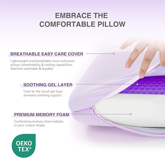 EGOHOME Cooling Gel Memory Foam Pillow - Reversible Cooling Cover, Neck Support for Side, Back and Stomach Sleepers, Removable & Machine Washable, All-Season Comfort, Standard Size, Purple