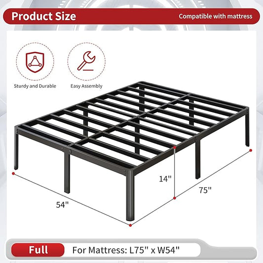14 Inch Full Bed Frame No Box Spring Needed Heavy Duty Full Size Platform Bed Frame with Rounded Corner Legs, Easy Assembly, Noise Free, Black.
