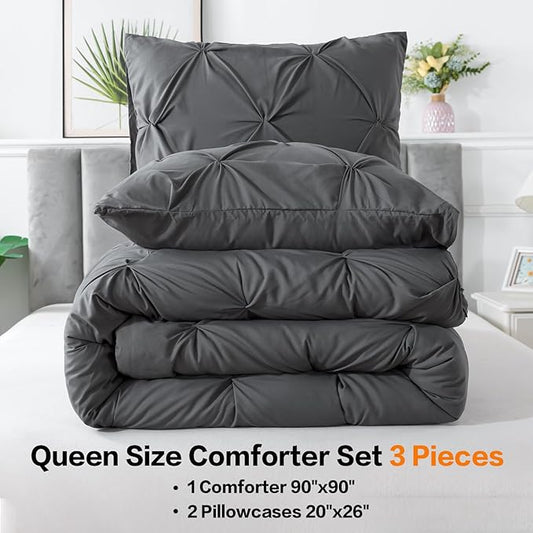 Andency Dark Gray Queen Comforter Set, 3 Piece All Season Decorative Pintuck Bedding Comforter & Sets, Grey Soft Microfiber Lightweight Washable Bed Set for Queen Size Bed
