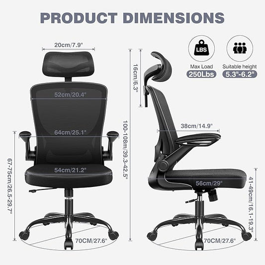 Ergonomic Office Desk Chair, Home Mesh Office Desk Chairs with Adjustable Lumbar Support, Headrest, Flip-up Armrests, High Back Computer Chair for Gaming, Work, Black