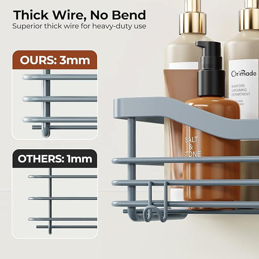 Orimade Shower Caddy Basket Shelf Storage Rack, No Drilling Wall Mounted Adhesive Rust Proof Stainless Steel Shower Organizer with 5 Hooks for Bathroom, Light Blue Grey 2 Pack