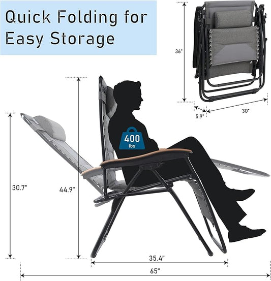 PHI VILLA XXL Oversized Padded Zero Gravity Chair Set of 2, Foldable Patio Recliner, 30" Wide Seat Anti Gravity Lounger with Armrest and Cup Holder, Support 400 LBS (Light Gray)