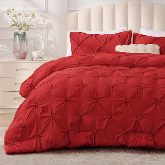 BEDELITE Red King Size Comforter Set - 3 Pieces Boho Pintuck Bedding Comforter Sets, Lightweight Soft & Warm King Bedding Set with 2 Pillowcases for All Season