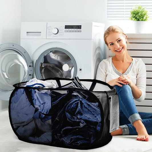 Foldable Laundry Baskets, Collapsible Mesh Laundry Hamper, Durable Pop Up Laundry Basket, 2 Compartments Clothes Hampers for Laundry, Easy to Carry & Sort for Dorm, Home, Kids Room, Travel Black