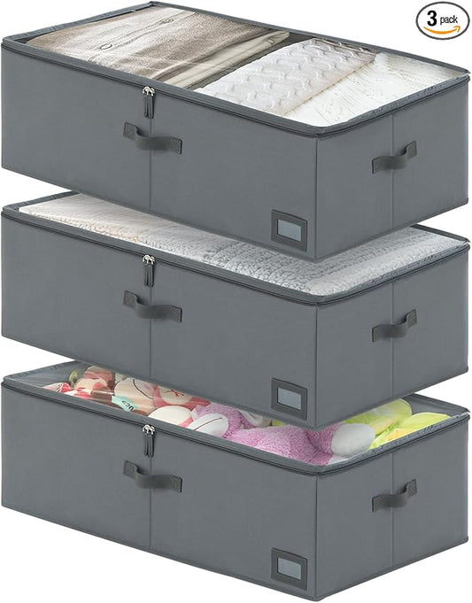 10-Inch Under Bed Storage Containers (3-Pack) | Sturdy Sidewalls | Clear Cover & Label Holder | Foldable Closet Organizer | Stores Clothing/Blankets/Wrapping Paper/Toys
