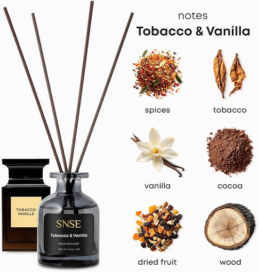 SNSE Tobaco & Vanilla Perfumed Reed Diffuser Set - Premium Reed Diffusers for Home with Diffuser Reeds, Luxurious Gift Aroma, Sophisticated Scent, Ideal for Relaxation, Elegant Home Fragrance