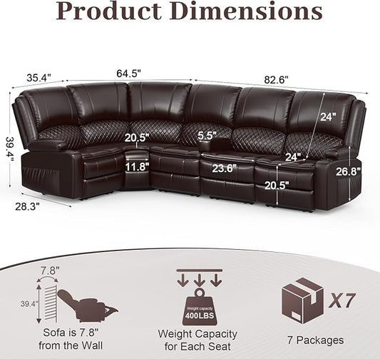 Manual Reclining Sectional Sofa Set, 5 Seats 1+1+3 Leather Reclining Corner Sectional Couch, Family-Sized L-Shaped Recliner Couch with USB Charging, Thickened Padding, Sturdy Frame, Brown