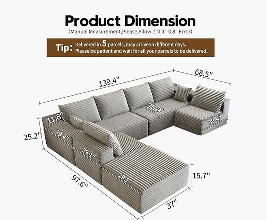 139.4" Modular Sectional Sofa, Oversized U-Shaped Minimalist Couches with 2 Middle Seats and 1 Ottoman Chaise, Modern Deep Seat Convertible Sleeper Sofa, Cloud Plush Corduroy Fabric,7 Seater, Grey