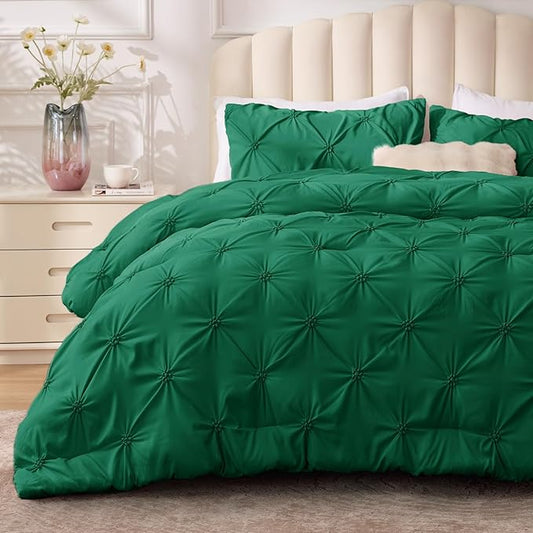 BEDELITE Forest Green Queen Comforter Set - 3 Pieces Boho Pintuck Bedding Comforter Sets, Lightweight Soft & Warm Bed Comforter Queen with 2 Pillowcases for All Season