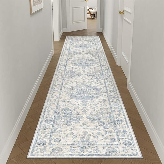 2x10 Washable Neutral Runner Rug Blue Vintage Hallway Kitchen Carpet Non-Slip Soft Low Pile Floral Throw Rug for Bedroom Bathroom Laundry Living Room