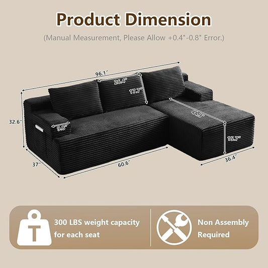 96" Modular Sectional Sofa Couches L-Shape Couch 3 Seat Modular Sofa Corduroy Memory Foam Sectional Boneless Couches for Living Room, Cloud Couch with Oversized Chaise(Dark Black, Right Facing)