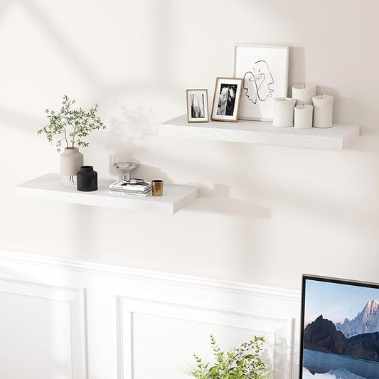 Fun Memories Floating Shelves for Wall, 24 x 9.3 Floating Shelf Wall-Mounted, Rustic Wood Bathroom Shelf Set of 2, Deep Bookshelf Storge Shelves for Living Room, Bedroom, Farmhouse, White Color